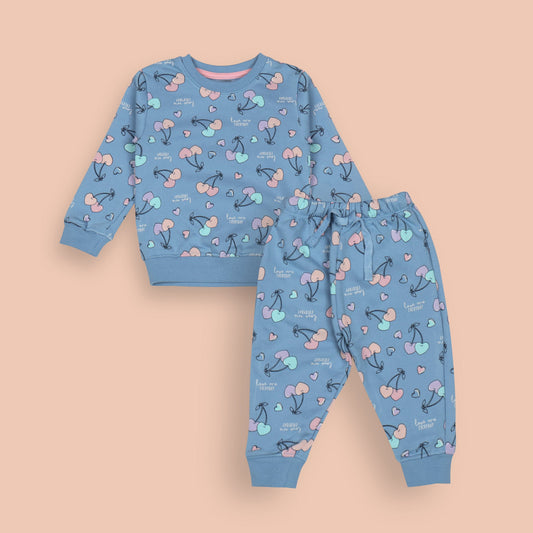 Adorable Cucumber Co-Ord Suit with Cherry Heart Print (Sky Blue)