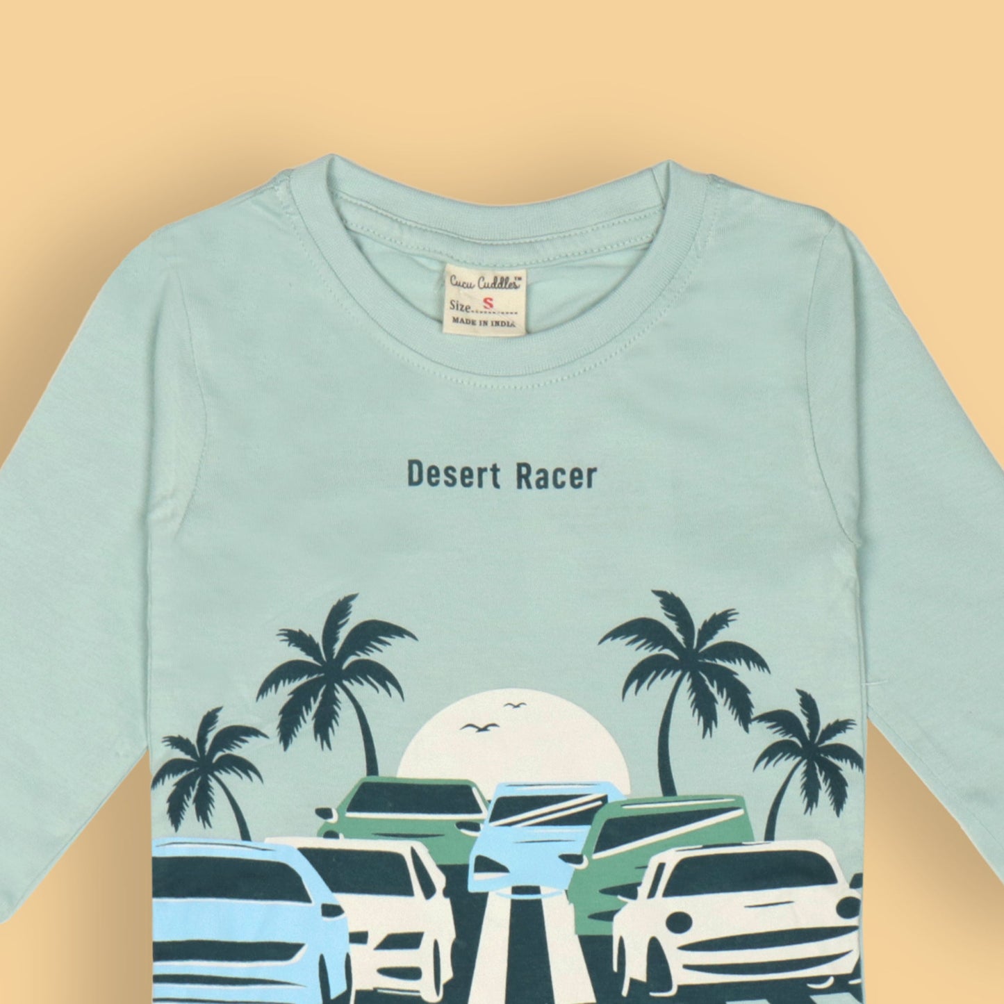 Desert Racer Light Blue Tee by Cucumber – Boys’ Full Sleeves, Racing & Desert Theme, Soft Cotton Blend Feel
