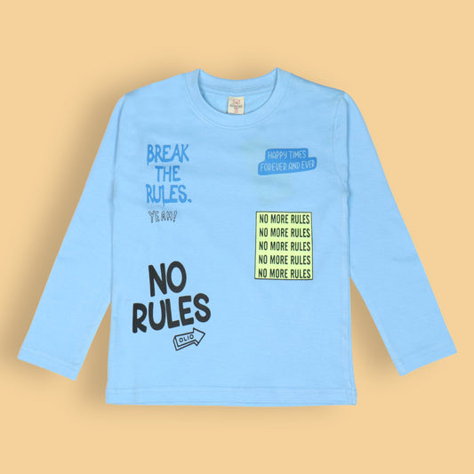 Light Blue ‘Break the Rules’ Tee – OlioKids Boys’ Full Sleeves, Happy Times Forever Quote, Extra Soft Cotton Style