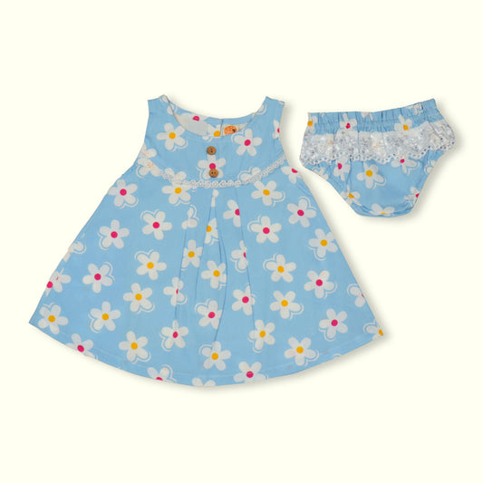 Pretty Sky Blue Floral Frock For Girls – Dew Drop Sleeveless Cool+ Sinker Set With Flared Design & Panty