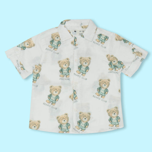 Dew Drop Boys' Cotton Printed Half Sleeve Shirt with Cute Bear Design - Light Blue
