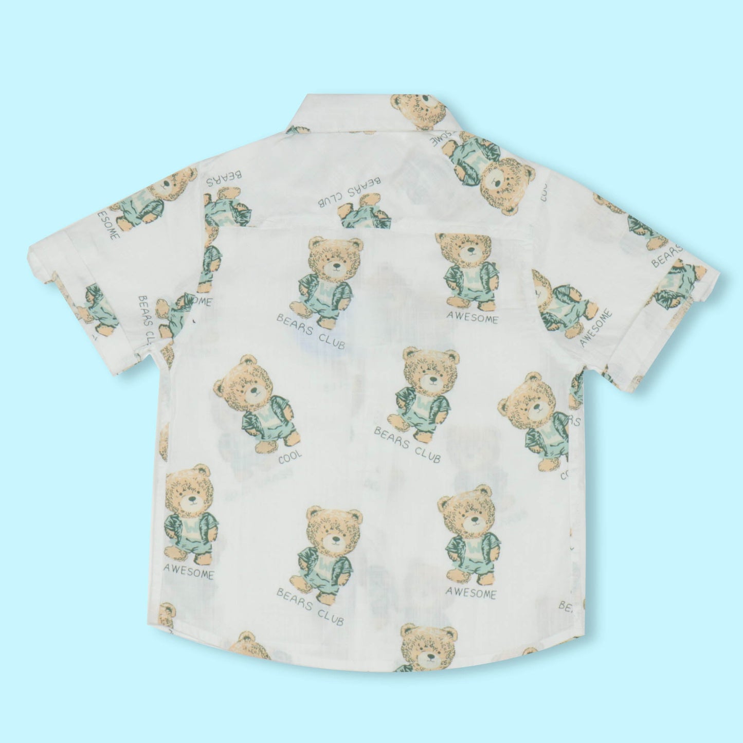 Dew Drop Boys' Cotton Printed Half Sleeve Shirt with Cute Bear Design - Light Blue