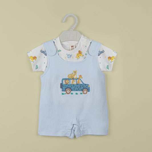Toffyhouse Cotton Dungaree Set Light Blue Animal Print Bodysuit with T-Shirt for Kids