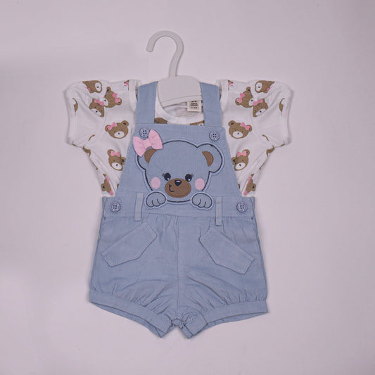 Toffyhouse Light Blue Teddy Bear Print Dungaree Set Half Sleeve Top & Mid Thigh Romper