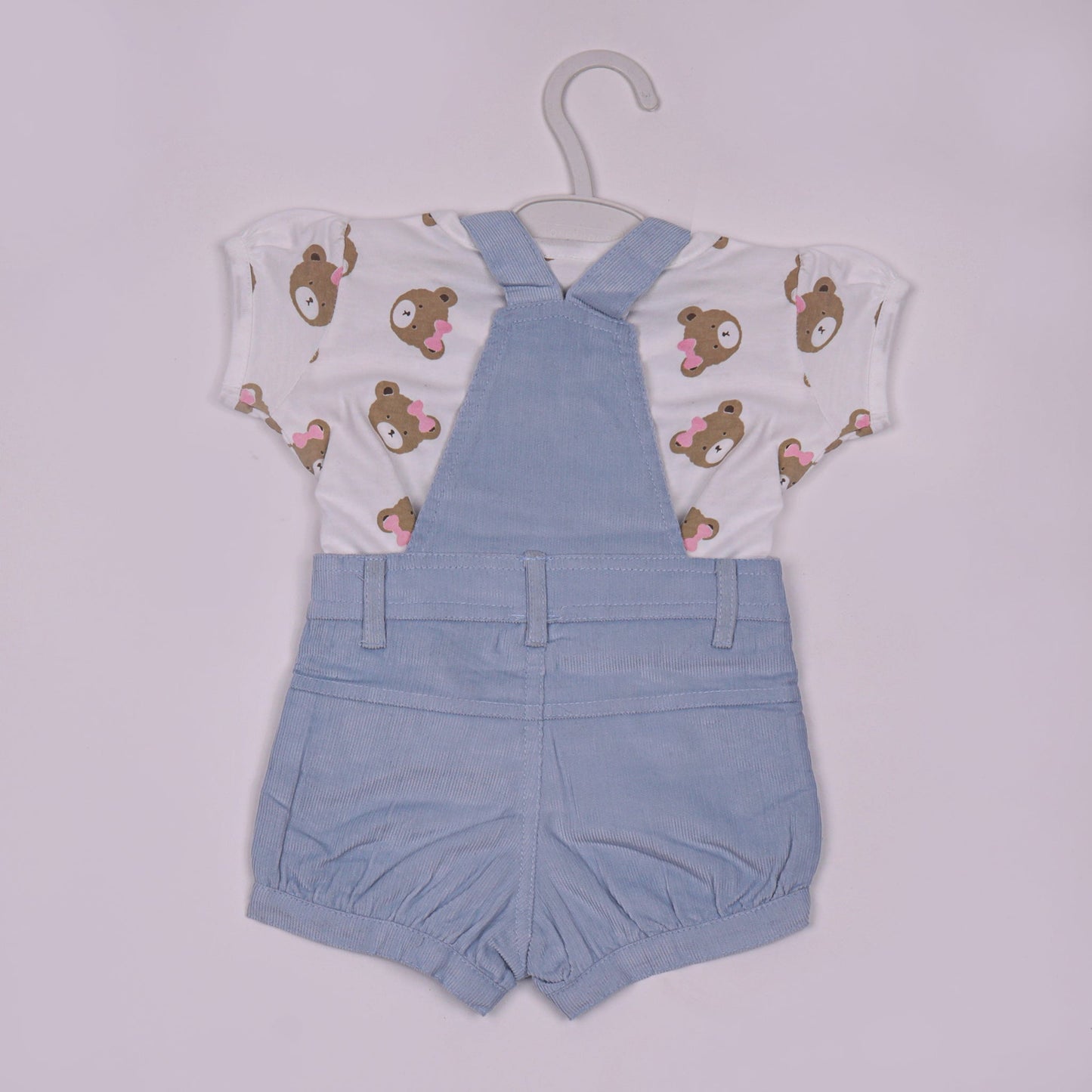 Toffyhouse Light Blue Teddy Bear Print Dungaree Set Half Sleeve Top & Mid Thigh Romper