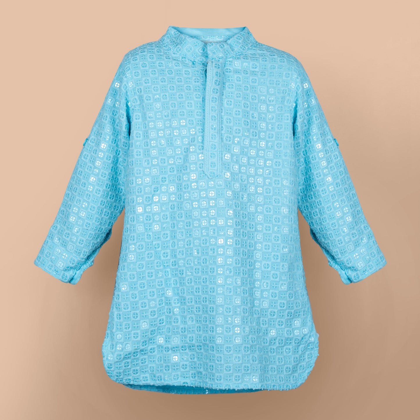 Sparkle in Blue: Little Collars Light Blue Kurta Pyjama with Festive Embroidery