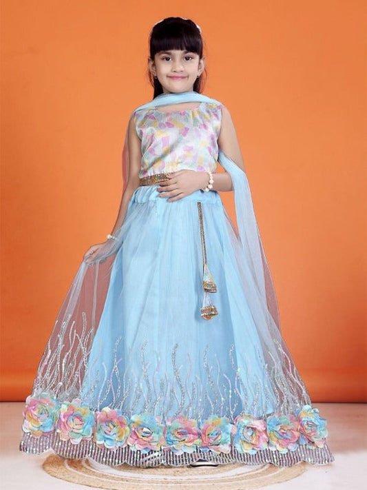 Satyam Fab Girls' Sky Blue Lehenga Choli – Festive Printed Set with Flared Skirt & Dupatta