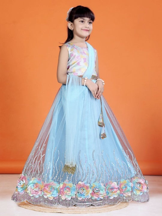 Satyam Fab Girls' Sky Blue Lehenga Choli – Festive Printed Set with Flared Skirt & Dupatta