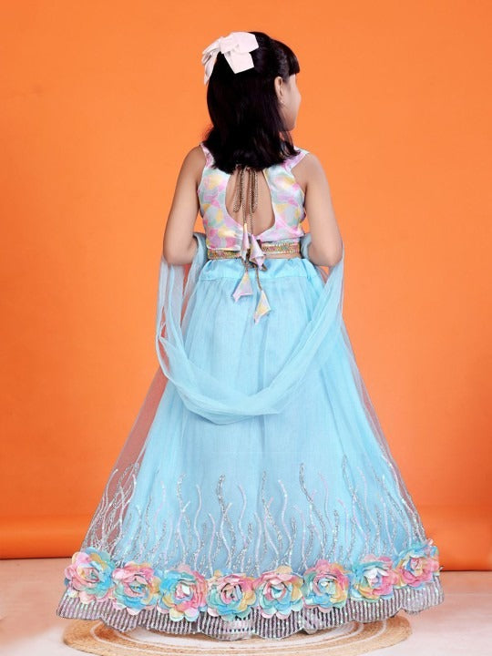 Satyam Fab Girls' Sky Blue Lehenga Choli – Festive Printed Set with Flared Skirt & Dupatta