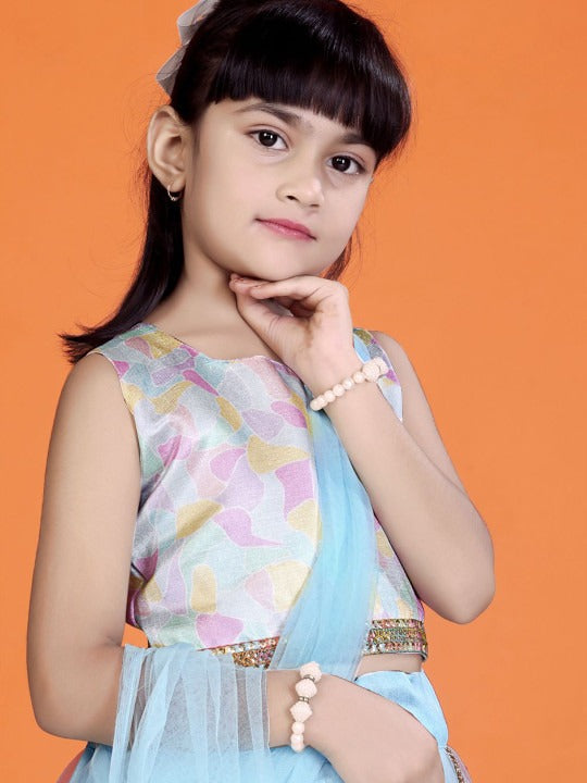 Satyam Fab Girls' Sky Blue Lehenga Choli – Festive Printed Set with Flared Skirt & Dupatta