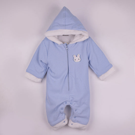 Snuggle & Style: Little Kangaroos Sky Blue Hooded Winter Romper with Applique