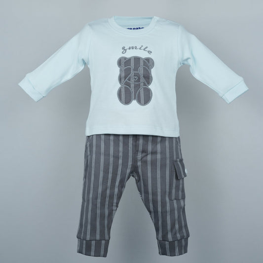 Smart Outdoor Light Blue T-Shirt & Jogger Set for Kids | Neo Nate Embroidered ‘SMILE