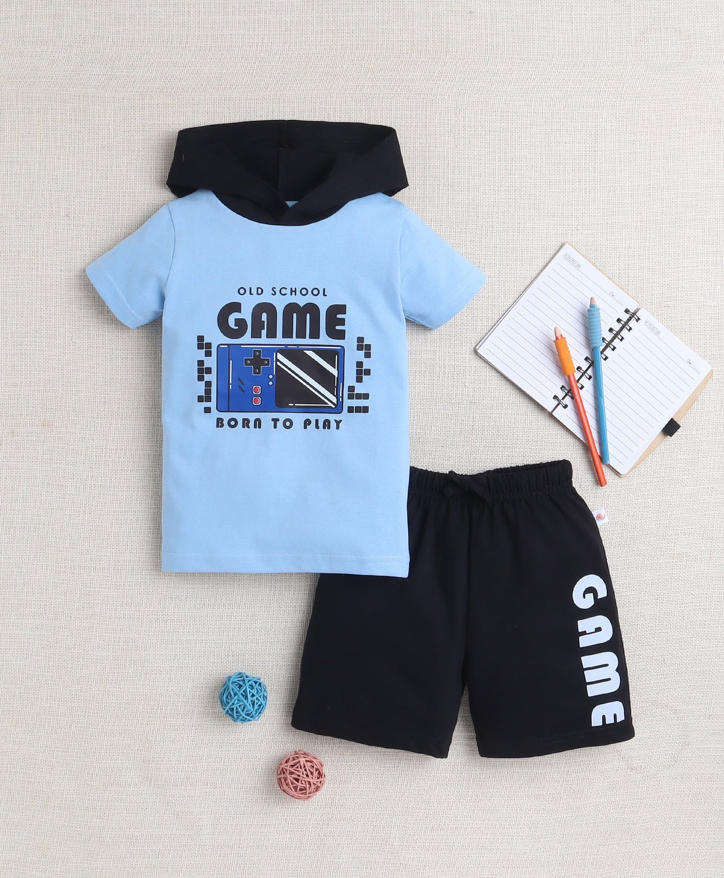 Bumzee Boys’ Summer Outfit Set – Light Blue Cotton Hooded Tee & Shorts