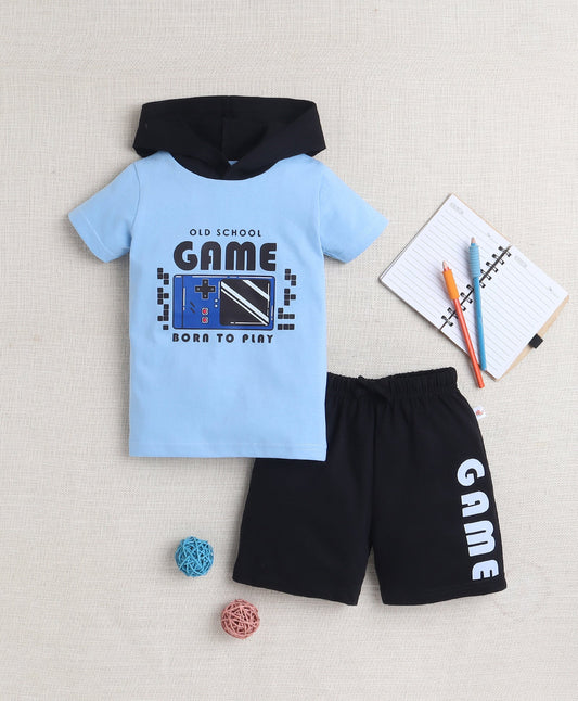 Bumzee Boys’ Summer Outfit Set – Light Blue Cotton Hooded Tee & Shorts