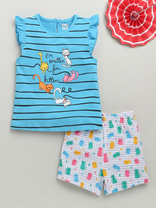 Bumzee’s girls’ set: comfy cotton tee & shorts with playful “i'm smitten for kittens” text!