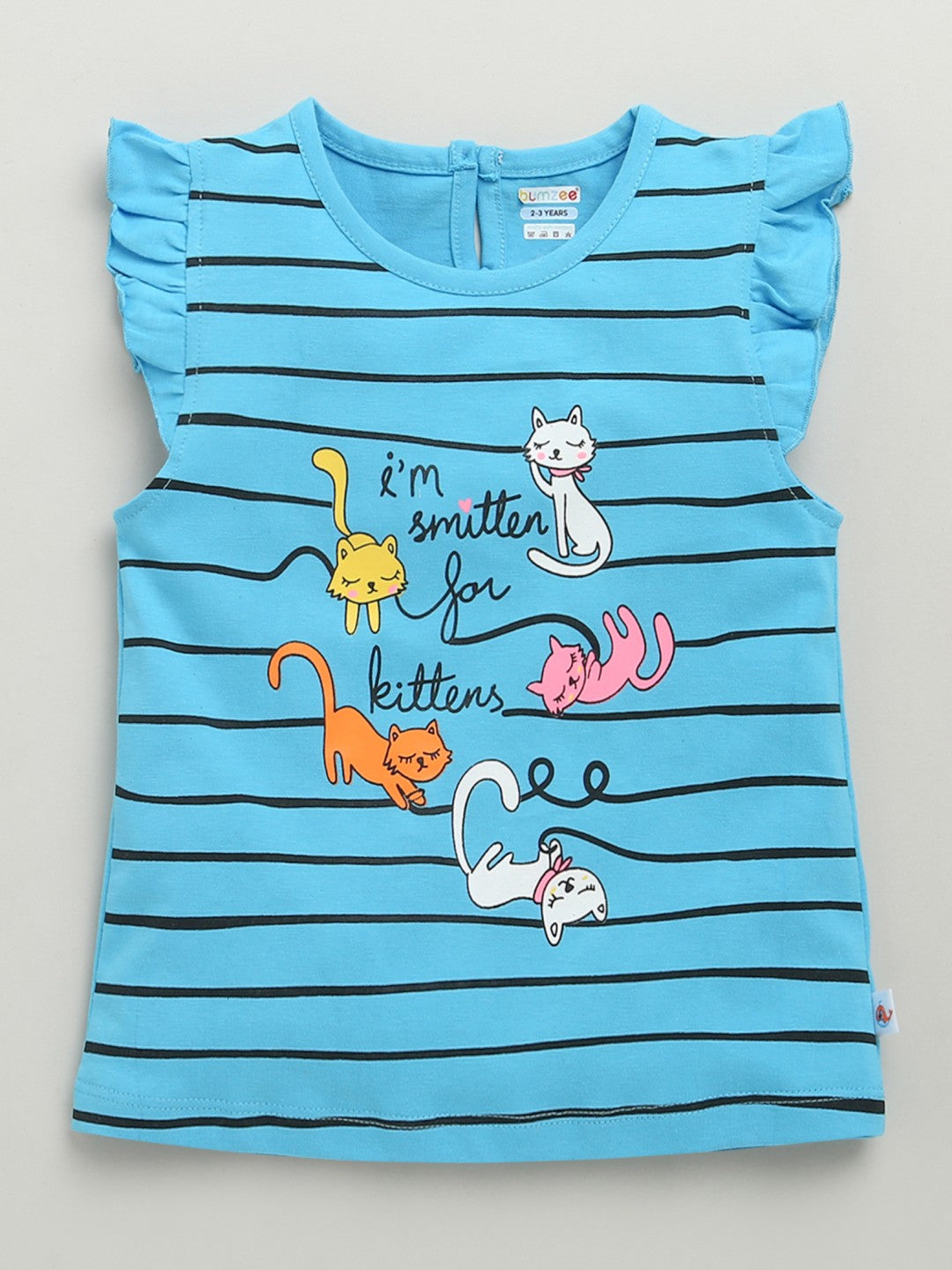 Bumzee’s girls’ set: comfy cotton tee & shorts with playful “i'm smitten for kittens” text!