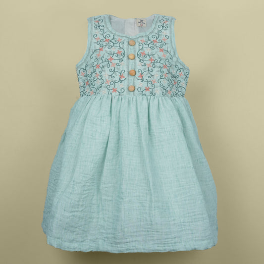 DW Girl's Light Blue Embroidered Party Frock (Sleeveless)