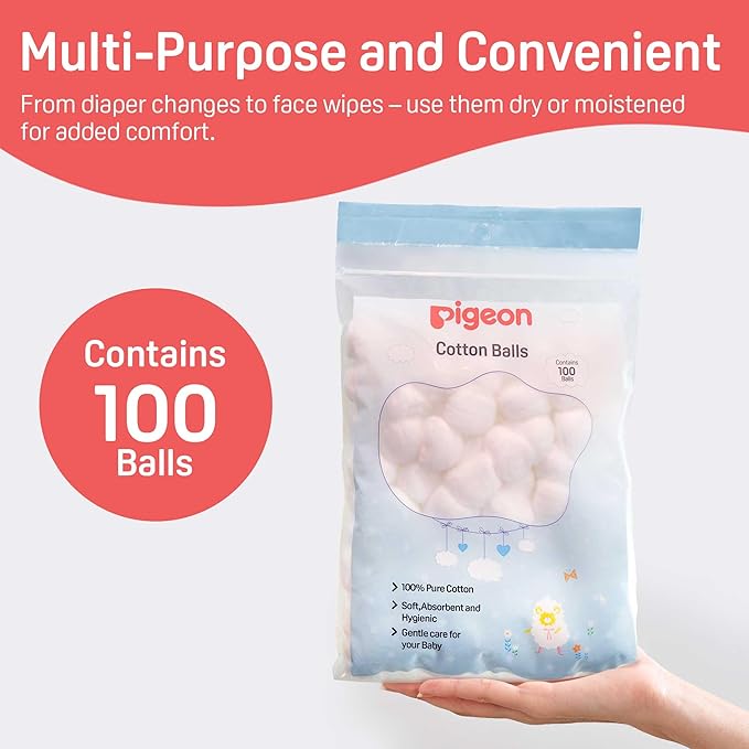 Pigeon 100% Pure Cotton Balls, Soft & Absorbent, Pack of 1 (100 Cotton Balls)