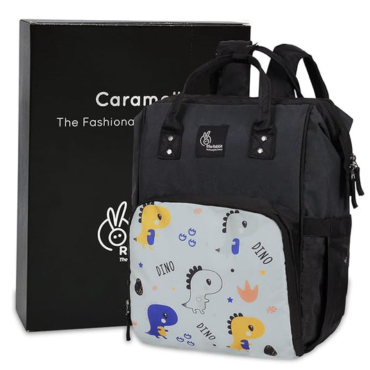 R for Rabbit Caramello Dino Diaper Bag – Large Capacity with 11 Pockets, Insulated Bottle Holders, Water-Resistant & Multi-Functional Backpack