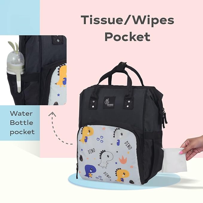 R for Rabbit Caramello Dino Diaper Bag – Large Capacity with 11 Pockets, Insulated Bottle Holders, Water-Resistant & Multi-Functional Backpack