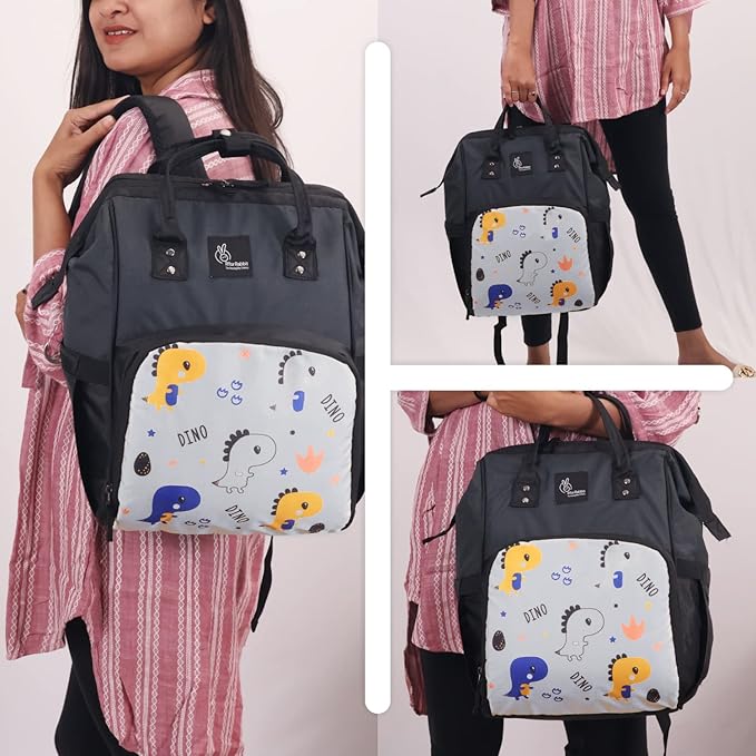 R for Rabbit Caramello Dino Diaper Bag – Large Capacity with 11 Pockets, Insulated Bottle Holders, Water-Resistant & Multi-Functional Backpack