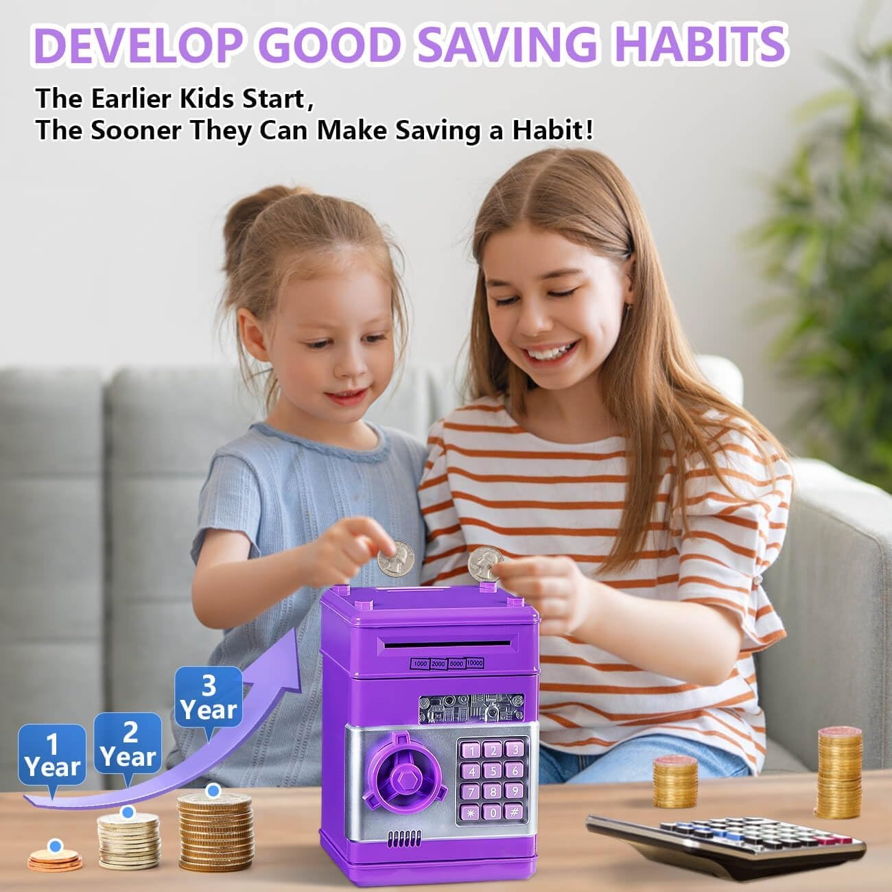 PIGGY BANK JKL-032 YRC – Protected Savings Box for Kids with Automatic Cash Deposit, Sound Effects, and Large Capacity for Coins & Banknotes – Fun & Educational Mini ATM Toy Bank