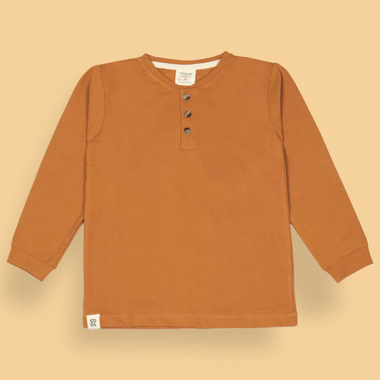 Ollypop Boys’ Solid Orange Cotton T-Shirt – Full Sleeves, Round Neck with Buttons, Essential Winter & Monsoon Wear