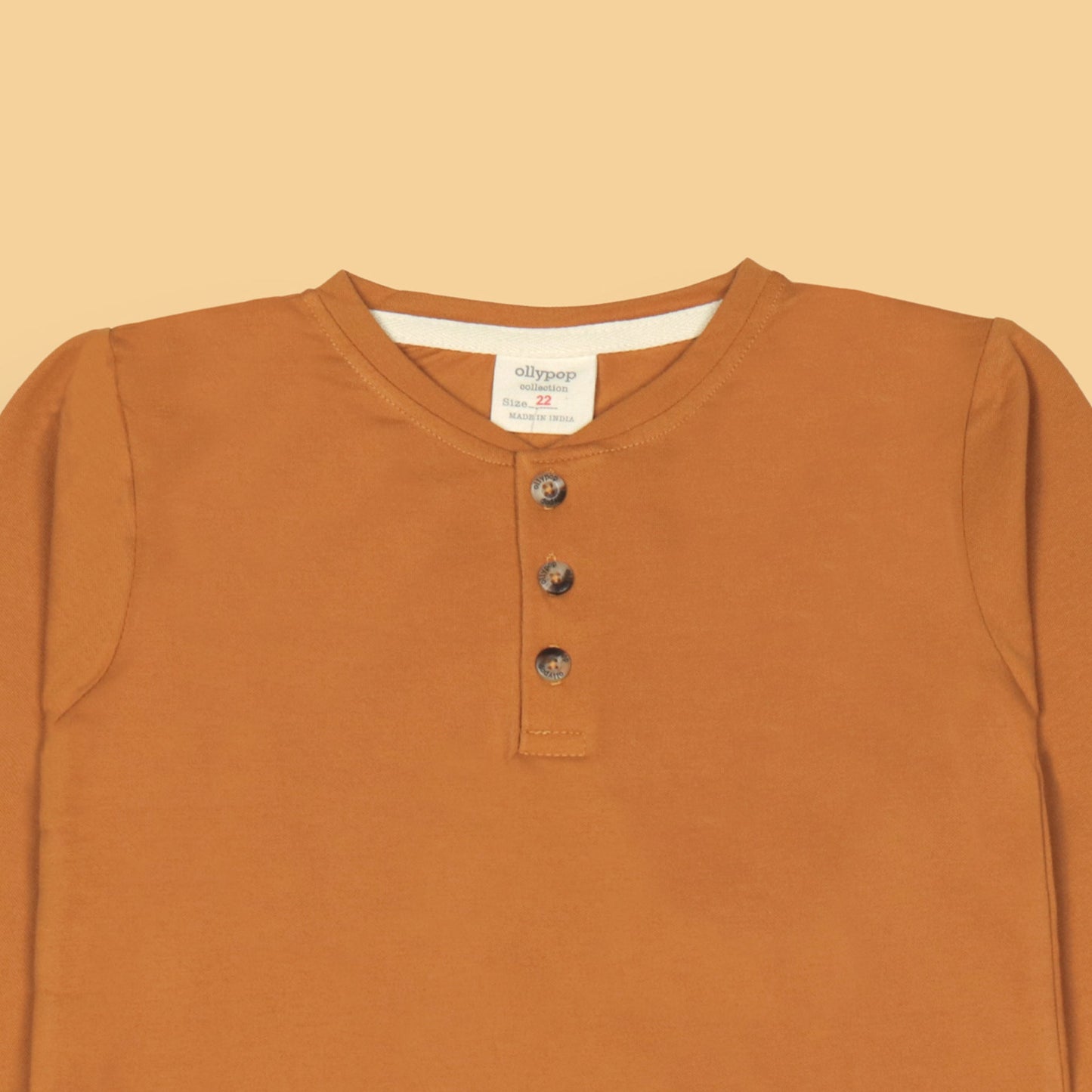 Ollypop Boys’ Solid Orange Cotton T-Shirt – Full Sleeves, Round Neck with Buttons, Essential Winter & Monsoon Wear