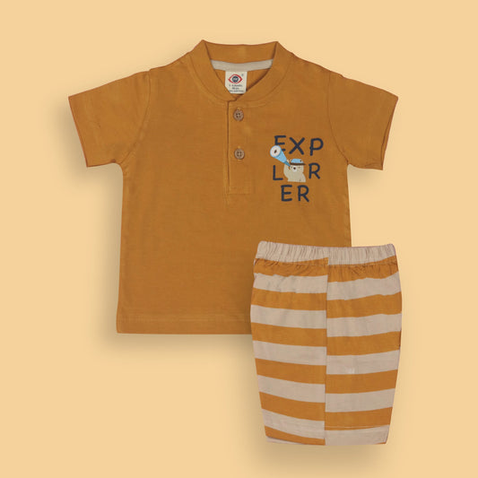 Zero Boys’ Summer Essentials Set – Orange Half Sleeve T-Shirt with Teddy Bear Cartoon & Front Button, Elastic Waist Shorts
