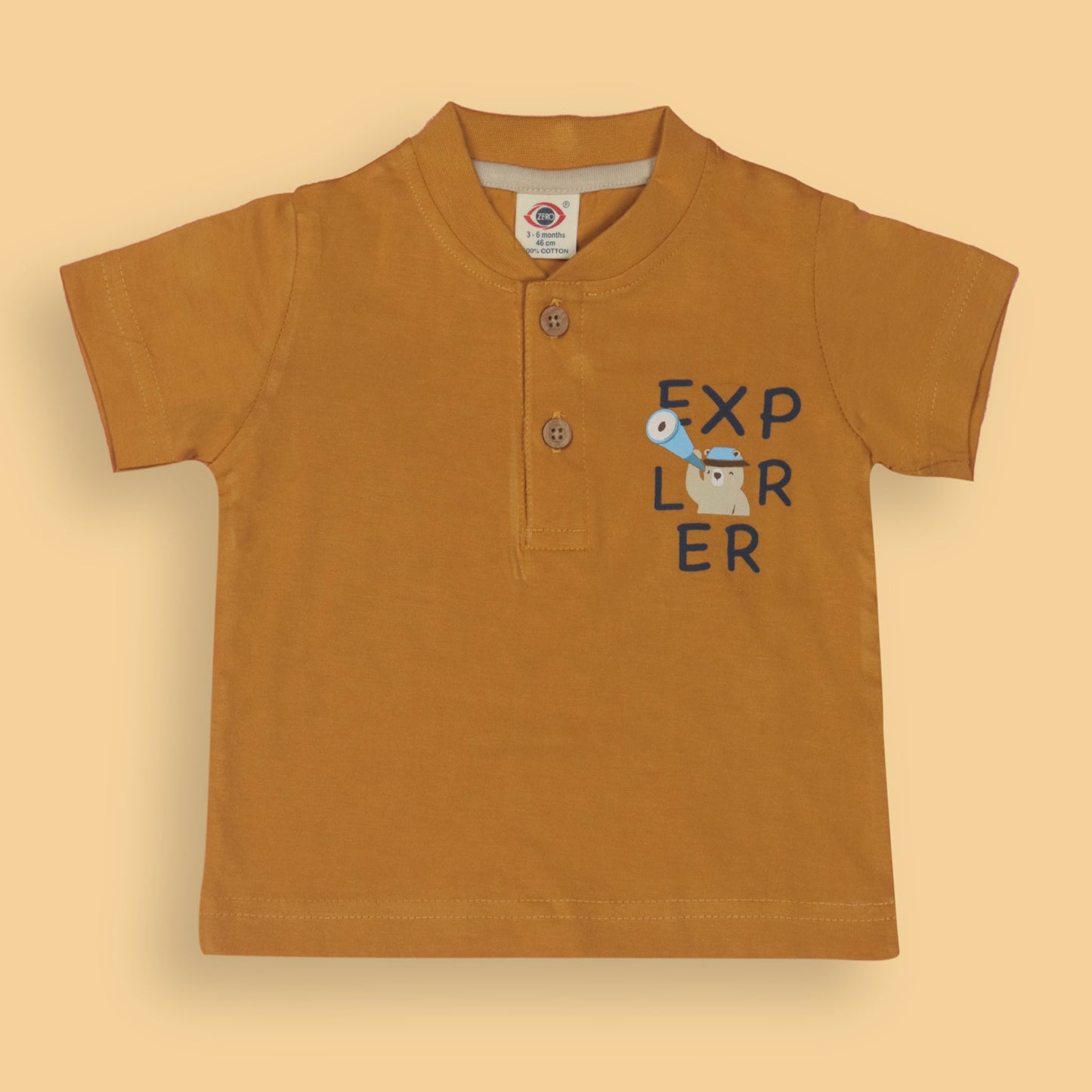 Zero Boys’ Summer Essentials Set – Orange Half Sleeve T-Shirt with Teddy Bear Cartoon & Front Button, Elastic Waist Shorts