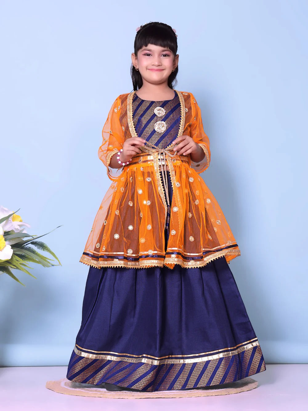 Girls' Orange Sleeveless Lehenga Choli by Satyam Fab – Embroidered Festive Set with Dupatta