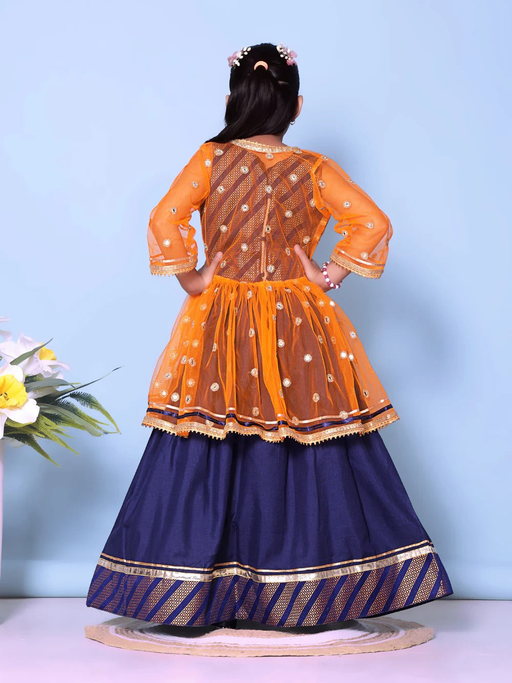 Girls' Orange Sleeveless Lehenga Choli by Satyam Fab – Embroidered Festive Set with Dupatta