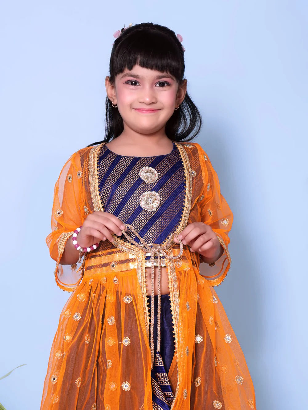 Girls' Orange Sleeveless Lehenga Choli by Satyam Fab – Embroidered Festive Set with Dupatta