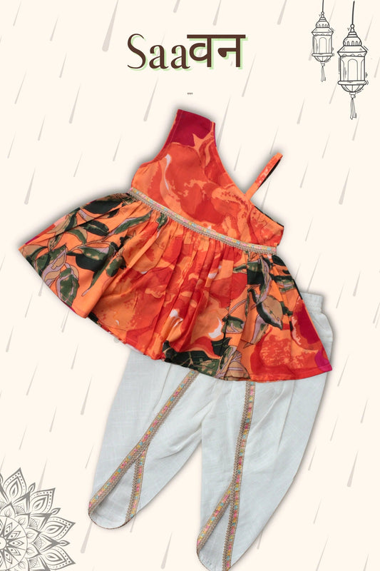 Little Sunshine Spark: Orange Dhoti Kurta by Peekaboo