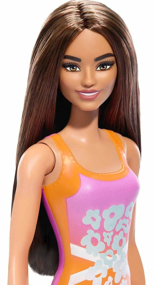 Barbie Beach Doll – Brown Hair, Orange Purple One Piece Swimsuit