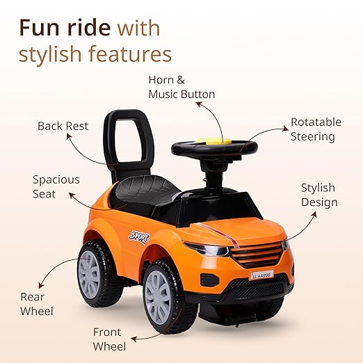 LuvLap Sunny Ride-On Push Car – Orange – Music, Horn, Safety Guard & Storage – 1–3Y