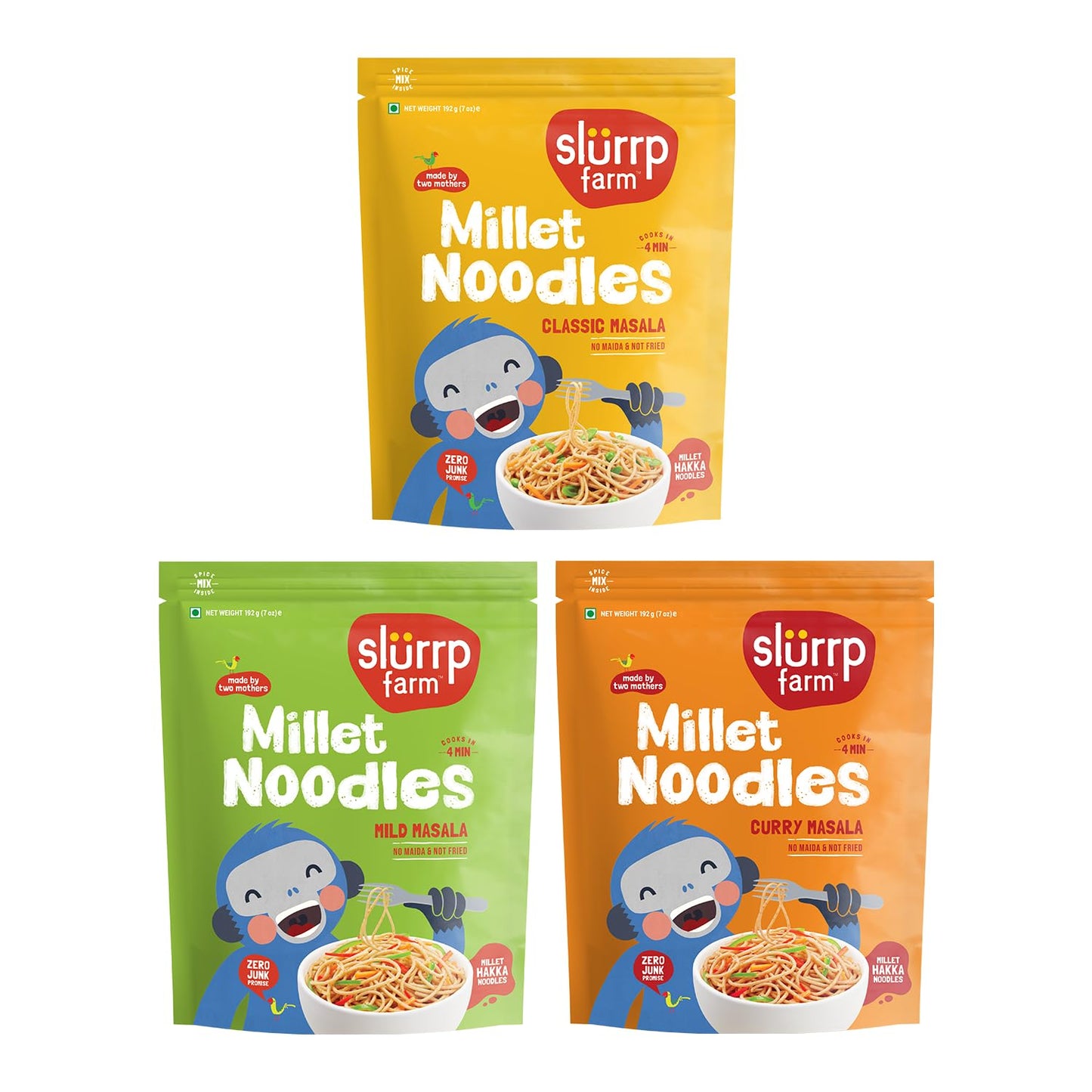 Slurrp Farm No Maida Hakka Noodles , Not Fried, No MSG, Classic, Mild and Curry Masala Millet Noodles -Combo (Pack of 3)