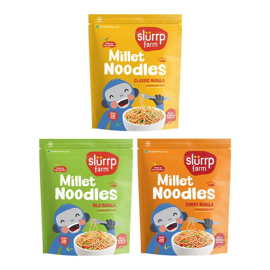 Slurrp Farm No Maida Hakka Noodles , Not Fried, No MSG, Classic, Mild and Curry Masala Millet Noodles -Combo (Pack of 3)