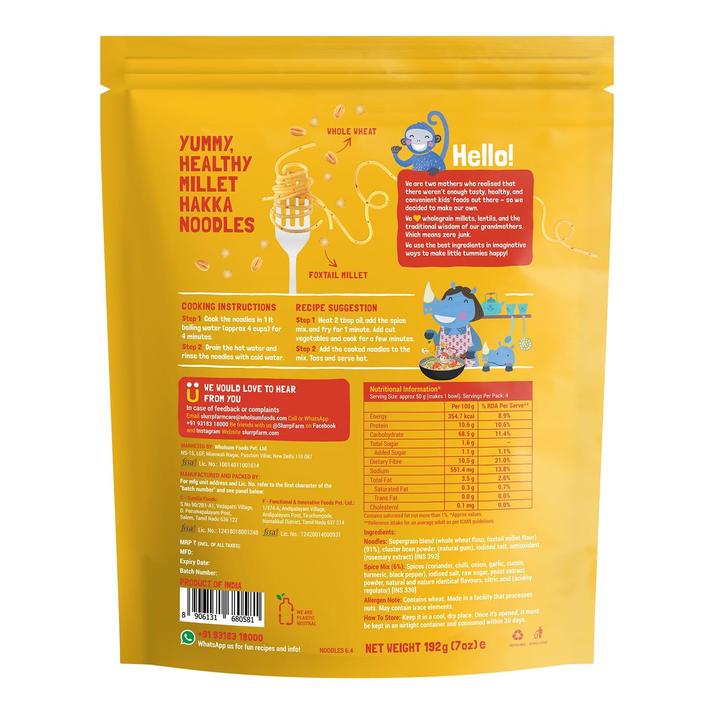 Slurrp Farm No Maida Hakka Noodles , Not Fried, No MSG, Classic, Mild and Curry Masala Millet Noodles -Combo (Pack of 3)