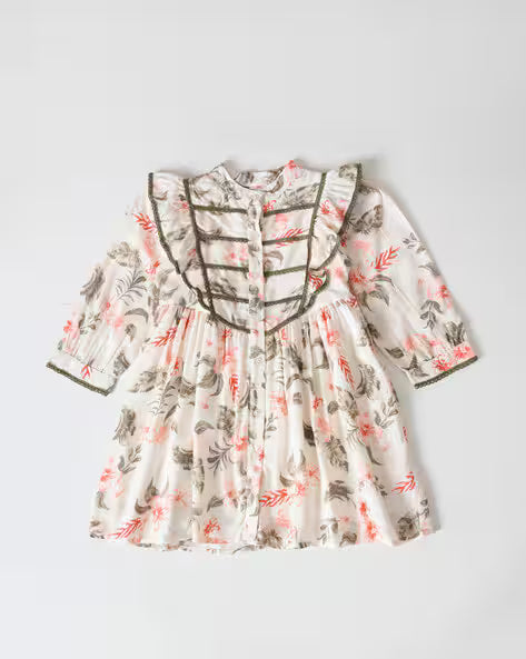 Bella Moda Girls Green Cotton Full Sleeve Frock – Embroidered Festive Wear