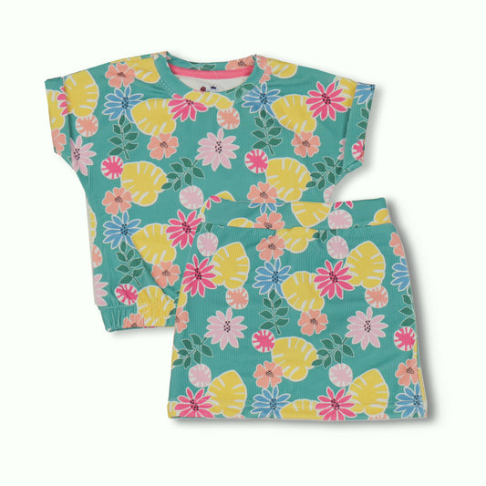NIOMODA Girls’ Green Summer Set – Featherlite Flower Print Top, Comfy Shorts & Skirt, Sleeveless Cotton Rib Style