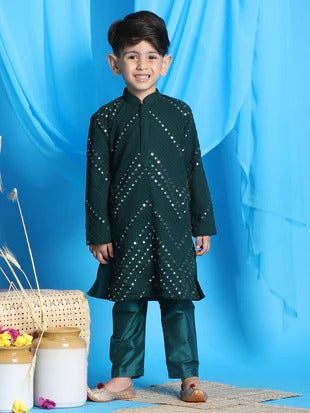 Emerald Glow – Boys’ Embroidered Kurta Pyjama by Vastramay