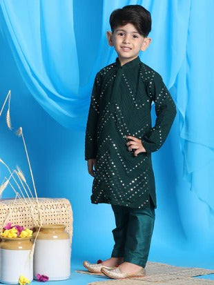 Emerald Glow – Boys’ Embroidered Kurta Pyjama by Vastramay