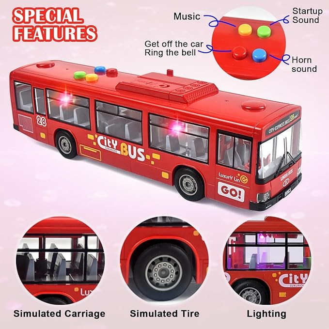 Big Bus Toy For Kids Friction Powered With Lights & Music