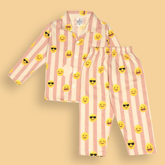Ollypop Peach Nightwear Set – Cheerful Stripes & Smiley Print, Soft Sinker Fabric, Cozy Dreams Await!