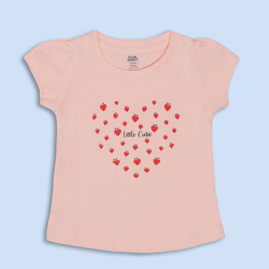 Pink Rabbit Girls Peach Cotton Printed Cap Sleeve T-shirt