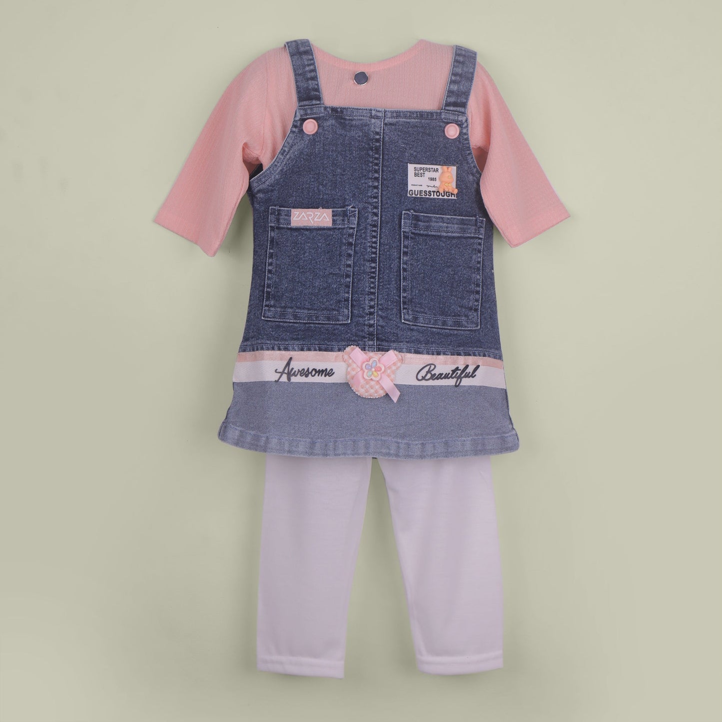 Lovely Layers – Peach Dungaree Dress with Leggings