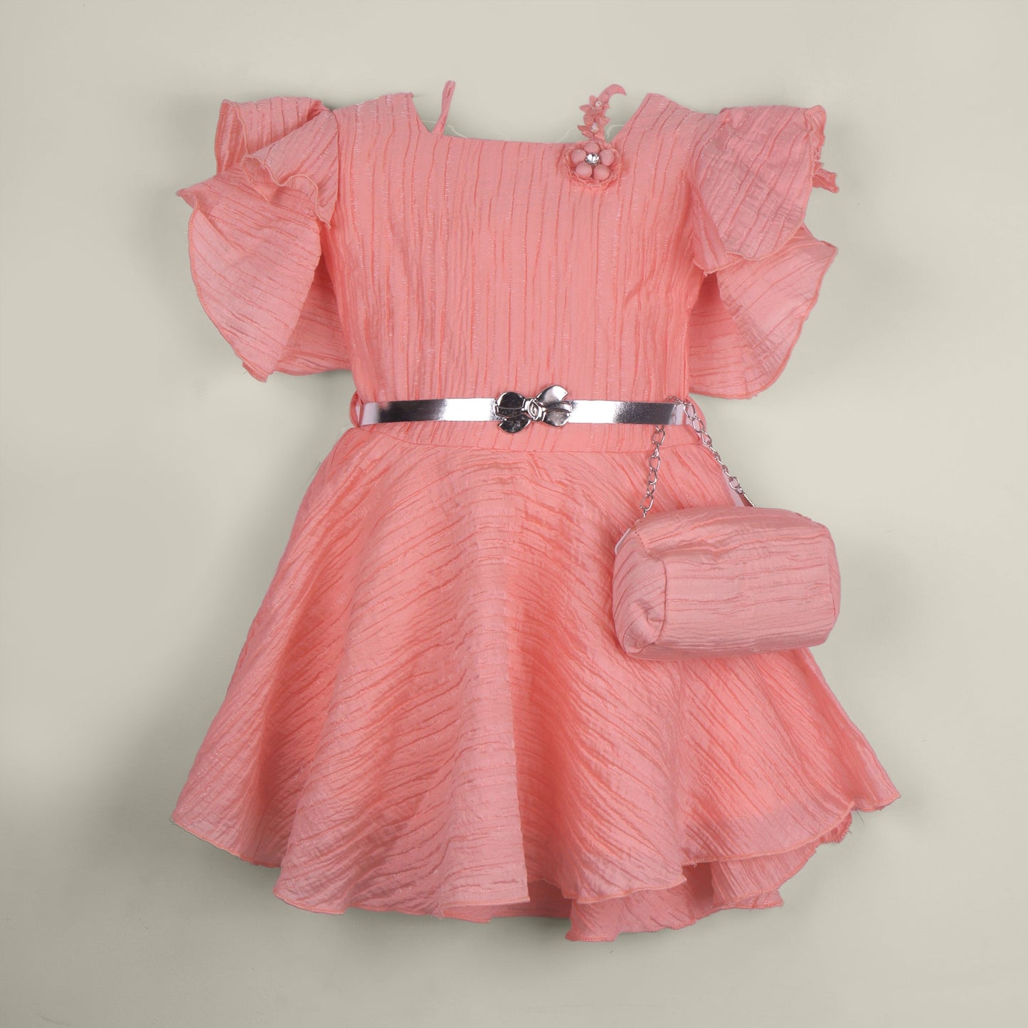 Stylish Square Neck – Girls’ Peach Applique Frock with Bag