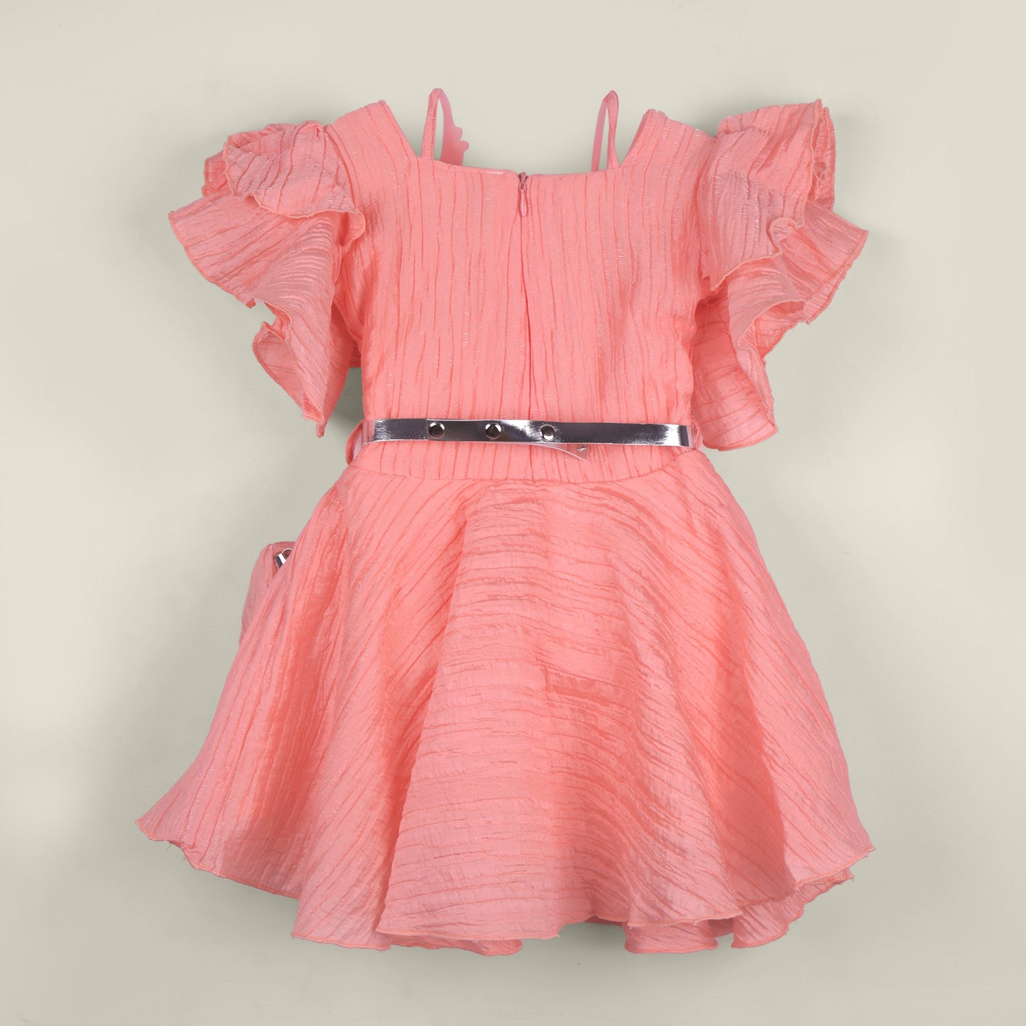 Stylish Square Neck – Girls’ Peach Applique Frock with Bag