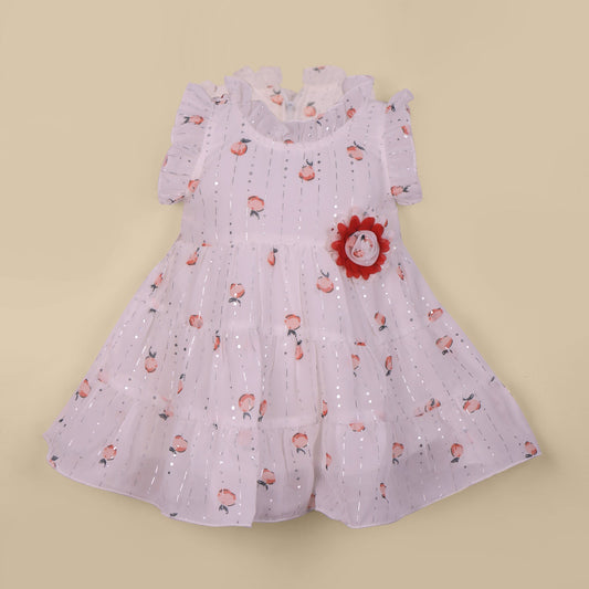 Dance in delight with A Little Pari’s peach frock—soft georgette and charming prints!